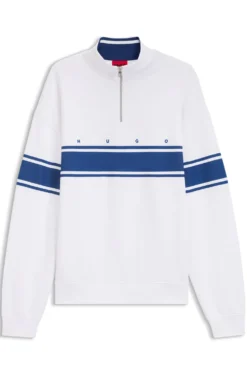Zip-neck cotton sweatshirt with printed stripes
