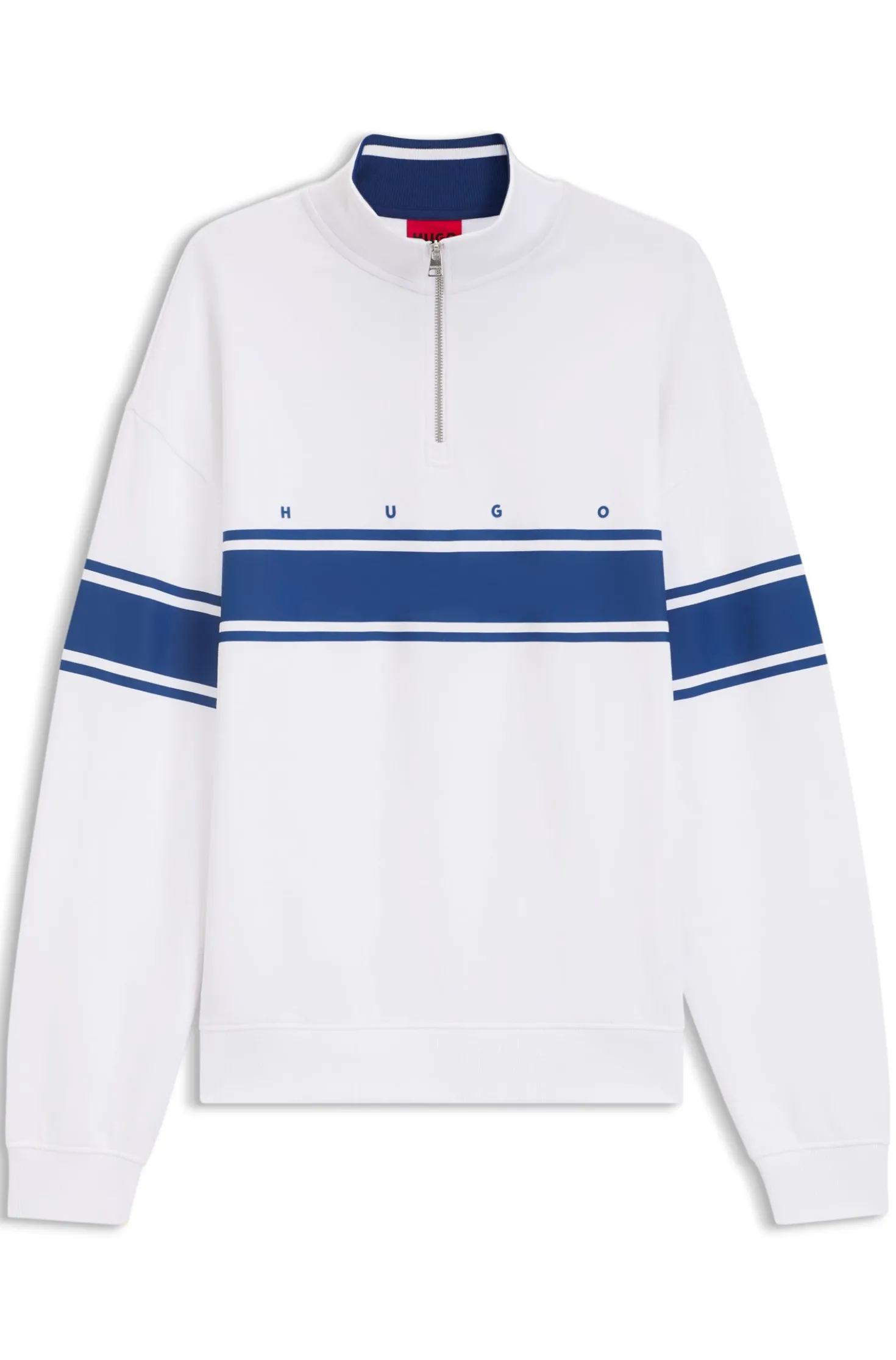 Zip-neck cotton sweatshirt with printed stripes