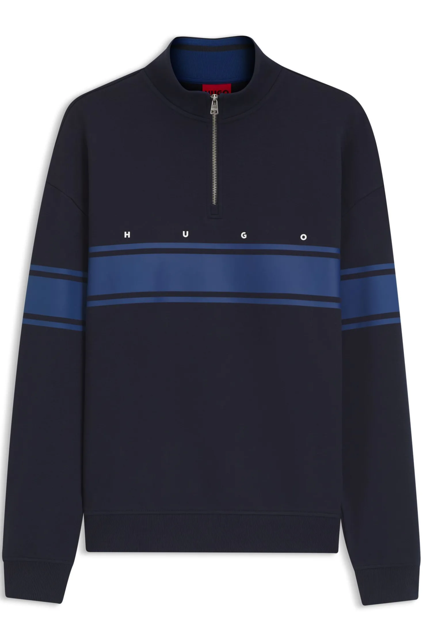 Zip-neck cotton sweatshirt with printed stripes
