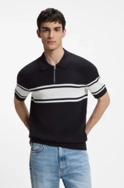 Zip-neck knit polo with block stripes
