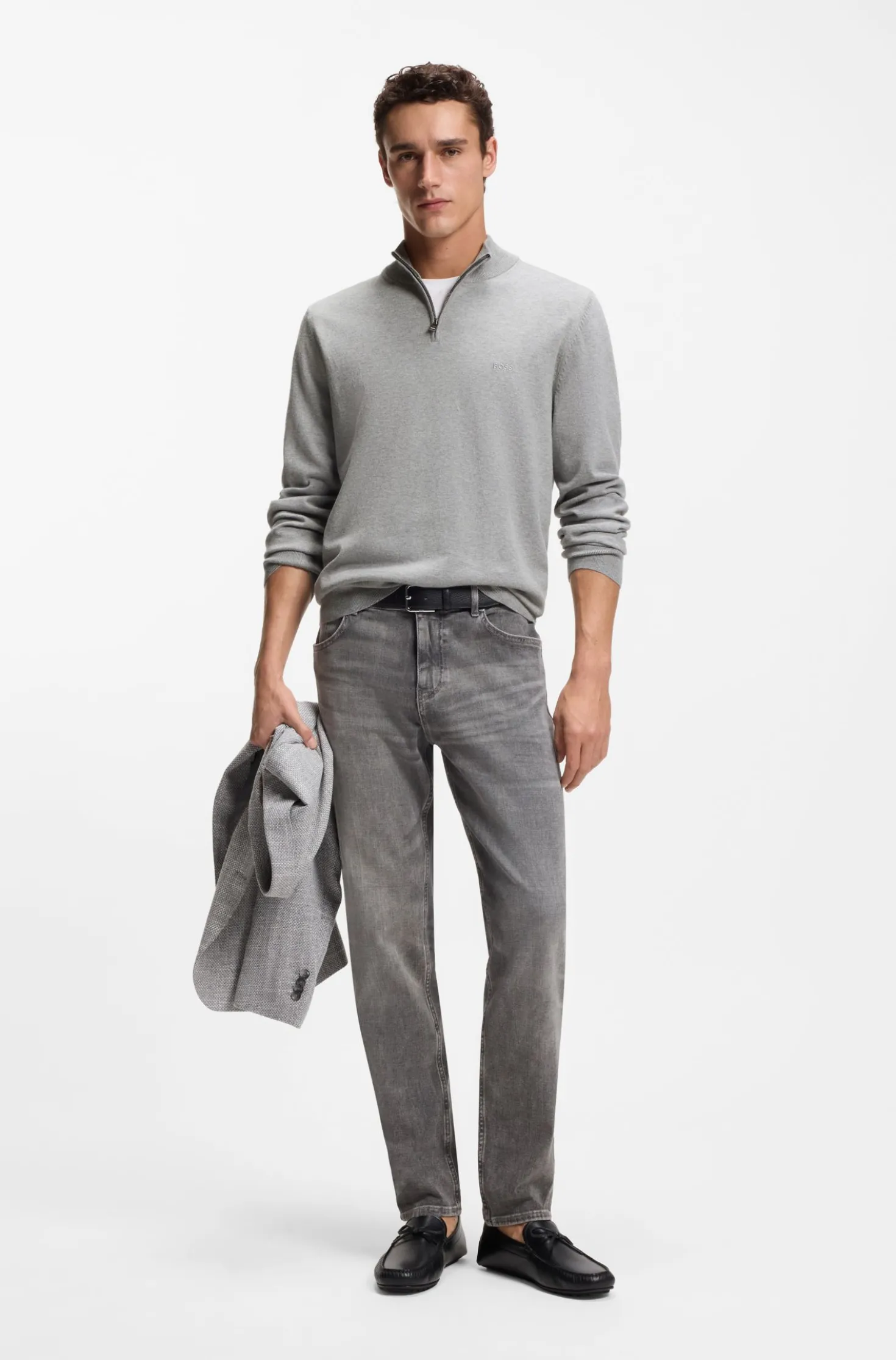 Zip-neck sweater in cotton with logo embroidery