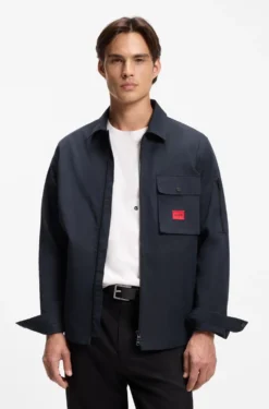 Zip-up cotton-blend canvas overshirt with logo label
