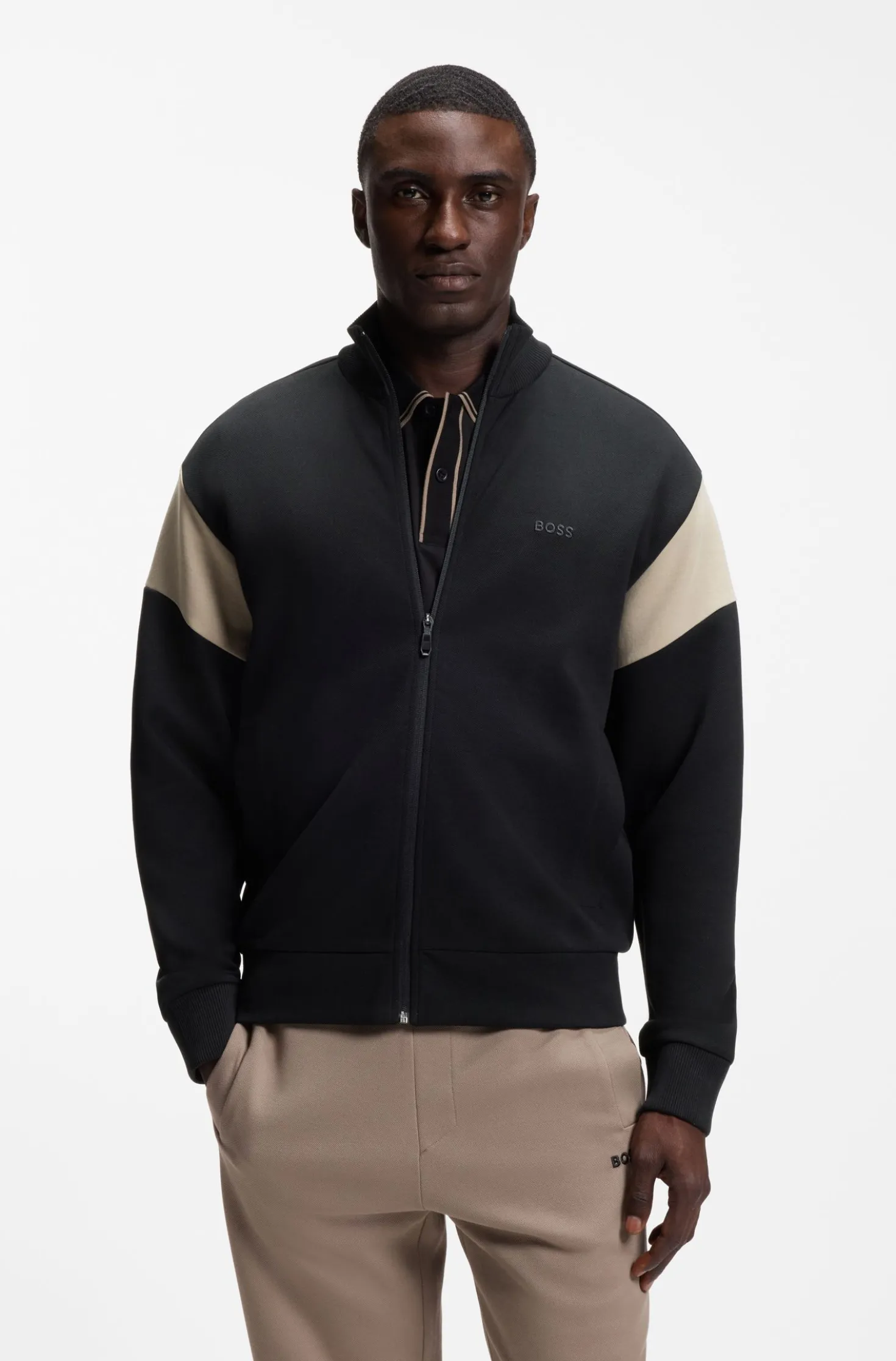 Zip-up cotton-blend sweatshirt with contrast inserts