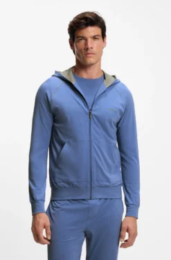 Zip-up hoodie in stretch cotton with embroidered logo